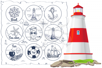 Marine inventory, lighthouse near nautical symbols vector illustration. Sea inventory, items for nautical design, marine icons. Summer adventure concept. Vacation at sea, sailing on ocean, recreation