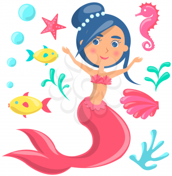 Underwater life of mermaid, blue fish, sea horse, coral and seaweed in ocean. Marine fairytale characters on white background. Girl with mermaid tail and long hair, cartoon water nymph,