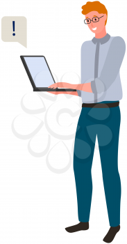 Distance learning, freelance and internet surfing. Man works with laptop, makes remark, pays attention. Remote work with computer, online freelancing. Guy standing with laptop clicks exclamation mark