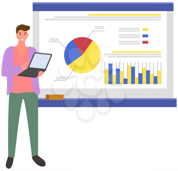 Data analysis research statistics concept. Strategy, business development. Male employee makes presentation of results of statistical business research. Man is working with digital technology