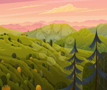 Green landscape with mountains vector illustration with trees and bushes in foreground. Rural summer meadow terrain with pines on hills flat style. Nature green and yellow landscape with pink sky