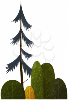Green simple graphic arts tree and bush, thin brown trunk and branches, forest plant isolated on white. Vector illustration of big spruce with foliage round shape, landscape element in cartoon concept