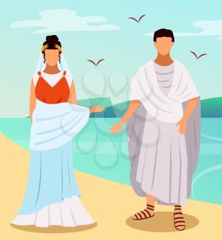Roman woman and man in traditional clothes, citizens of ancient rome vector on white background. Young antique people as roman patrials wearing in long white dress stand together on seashore