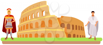 Rome coliseum, ancient inhabitants stand near antique building vector catroon illustration. Roman citizens dressed in national costumes, legionary warrior stand near destroyed monument of architecture