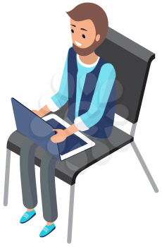 Man sitting on chair and browsing or working on laptop at his laps. Male character types on keyboard with computer, works remotely, looks at screen Person is freelancing on laptop, online work