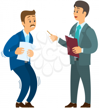 Angry boss shouting to employee. Conflict in office between chief and stressed subordinate. Director scolds scared worker. Man feels fear of boss. Fear of work, deadline, report to director