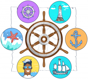 Marine inventory, steering wheel surrounded by nautical symbols. Sea inventory, items for nautical design, marine icons. Summer adventure, vacation at sea, ocean sailing, recreation concept