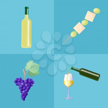 Wine bottles, ripe grapes and tasty canape of cheese cubes and olives. Wine production ingredient and delicious small snack vector illustrations set.