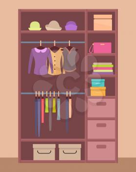 Wooden wardrobe with bright clothes on hangers and neatly piled, warm hats on top shelf and compact boxes that stands in hall vector illustration.