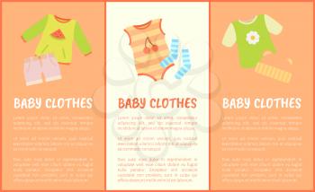Baby Clothes set, multicolored vector illustration isolated on bright backdrops, baby hat and socks, shirts and suit, cute children s striped apparel