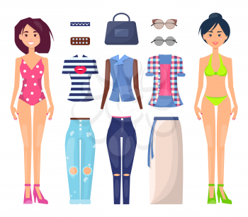 Summer mode poster with girls in swimsuit, fashionable collection of summer garment as long skirt, jacket, trousers jeans, bag and sunglasses vector