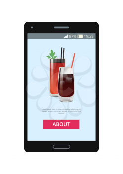 Online order poster with Bloody Mary and whiskey cola cocktails in mobile application with push button about, order cocktail from smartphone vector