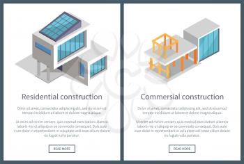 Residential and commercial construction, web pages collection with text samples and headlines, constructions and buttons, isolated on vector illustration
