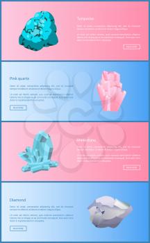 Turquoise and pink quartz, rhinestone and diamond minerals and precious gemstones, expensive minerals and crystals, vector web online posters set