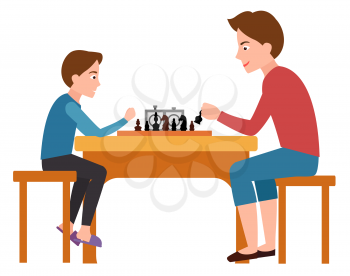 Father and son playing chess sitting on chairs at table vector illustration isolated on white. Fatherhood concept poster, dad spend free time with child