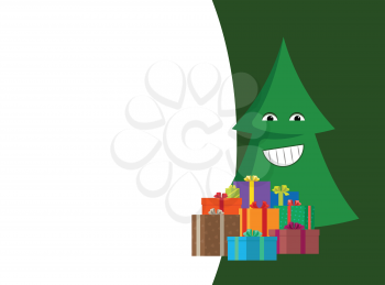 Merry and bright Christmas postcard with green Xmas tree with smile and eyes, wrapped presents. Spruce emoji and piles of gift boxes, smiling fir