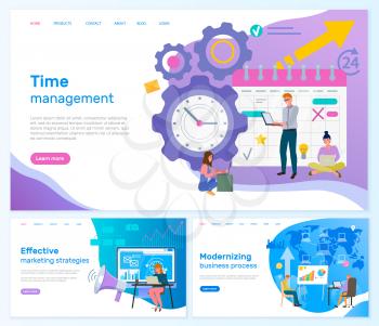 Modernizing business process, business activity planning, time management effective marketing strategies landing page template set. People cooperating to joint work, employees working with laptops