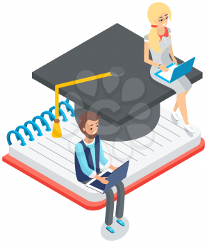 Concept of distance tutorials, studying course for university students. Young tiny girl sitting with laptop on graduation student hat and man working with e-learning platform, higher education online