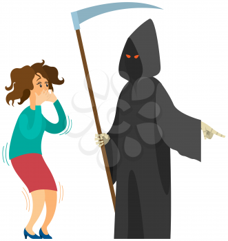 Female character suffering from fear of death near skeleton with scythe isolated on white background. Death with scythe in black cloak scares woman. Girl is afraid to die. Thanatophobia, fear of dying