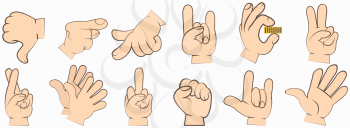 Cartoon hands set. Different gestures with fingers pointing, attention, fist, thumbs up. Isolated vector illustration. Human hand expresses signals, actions and emotions, signs and impressions