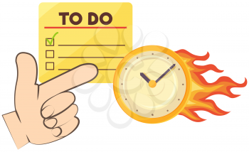 Burning clock and to do list deadline concept with pointing hand. Few minutes left until end of term. Clock shows remaining time to deal with deadlines. Watch with arrows burning on fire. Lack of time