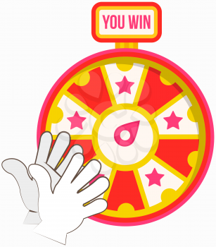 Wheel of fortune with winning numbers and sector bankrupt and bonus with clapping hands. Game fortune wheel concept. Casino and gambling vector. Goy, delight and success gesture with wheel winner game