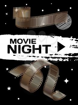 Movie night banner with cinema movie and photography 35 mm film strip template in vintage style. Cinema strip isolated icon with recorded film on tape, cinematography retro photo roll with frames