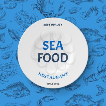 Composition of fish and sea food on blue background. Seafood shop or restaurant, template for labels and signboard. Vector hand-drawn illustration for seafood reastaurant logo. Cooking seafood concept