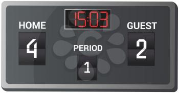 LED scoreboard with indicators for sport games. Illustrated on gray background with time and result display. Digital timer shows score in sports match in championship and tournament, graphic board