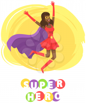 Superwoman smiling, waving hand and has superpowers. Cartoon character in superhero costume with cloak, mask and emblem stands on white background. Strong person protects people from villains