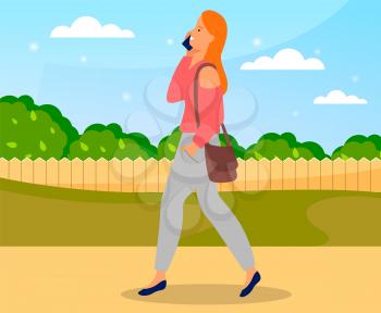 Young woman talking on cellphone on walk. Cute woman with gadget communicating with friend holding telephone. Flat cartoon female character using smartphone isolated speaking by mobile phone