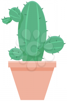 Cactus icon in flat style on white background. Home southern plant cactus in pot and with spines. Decorative evergreen plant with prickly thorns in yellow pot. Tropical desert houseplant vector design
