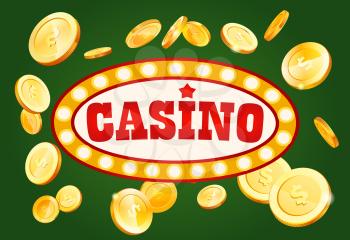 Casino gambling poster design. Money coins winner success concept. Slot machine game prize. Wheel of fortune with flying dollar coins wins jackpot. Big win. Luck game banner for poker or roulette