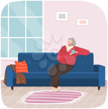 Adult woman sitting on couch at home drinking coffee resting after work, thinking about something. Female character stay in apartment sitting on sofa, drinking tea, enjoying free time, dreaming