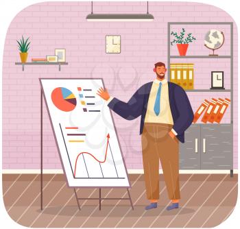 Businessman standing near board with graphs and charts pointing on chatboard with data analysis. Presentation of results of statistical research. Male character makes presentation of analytical data