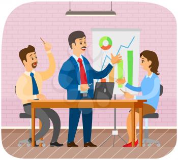 Project management and financial report concept. Consulting team work, business analysis planning. Boss receives presentation from manager. Man explains statistics graphs and charts, analyzes project
