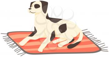 Cute spotted dog lying on rug. Thoroughbred or yard puppy isolated on white background. Puppy with black and white spots lies on soft carpet on floor. Dog, pet cute animal vector illustration