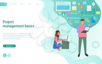 Project management basics, employees work with technology. Social trends and icons, data information, video and gear process. Website or landing webpage template. People working with laptops