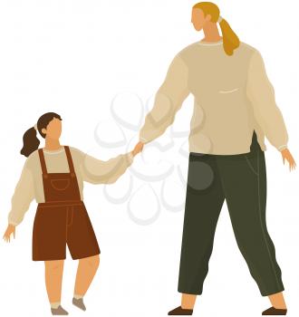 Mother walking with daughter holding little girls hand, mom spend time with her child outdoors. Happy relatives illustration for family relations and motherhood concept, people walking in full growth