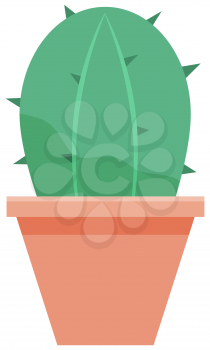 Wild cactus green color plant in clay pot. Desert flora grower with prickly needles. Succulent oval form. Spiny plant. Prickly pear, barrel, hedgehog cactuses, saguaro. Isolated vector illustration