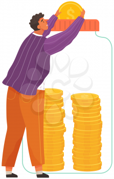 Money saving concept. Man putting coin into money glass jar. Finance, savings and investment. Businessman putting big dollar coin in moneybox. Growth, income, symbol of wealth. Business success