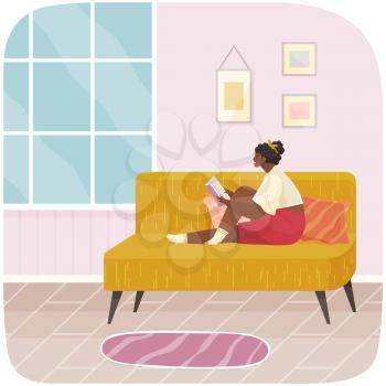 Girl sits at home and reads. Woman with book in her hands spending time in apartment. Female character is reading and resting after work. Sits on couch and studies book. Leisure, pastime at home