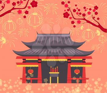 Asian or Chinese building or temple in traditional style, vector poster with flowering cherry trees. Country national symbol for travel with japanese famous landmark old house and sakura in park