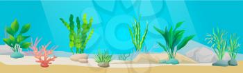 Underwater ocean fauna with seaweed. Ocean bottom with marine life reprsentatives. Underwater world vector illustration. Seafloor, undersea, seabed with marine plants. Green algae on sea floor
