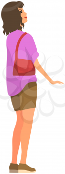 Woman holding handbag looking at something behind her. Side view of girl, vector illustration isolated on white background. Female character with short dark hair, dressed in shorts and shirt