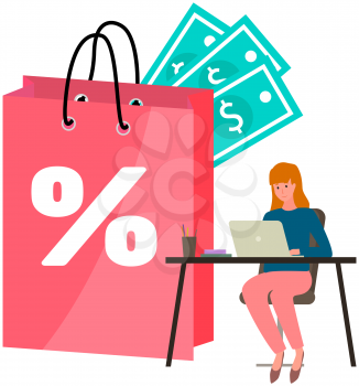 Girl with laptop orders clothes, makes purchase via internet digital technology. Online shopping using computer. Choosing goods, sales, discounts on website. Program for online shopping on laptop