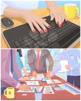 Business meeting scenes set with brainstorming team discussion people, hands typing on keyboard. Teamwork staff around table with documents and statistics chief art director designer programmer