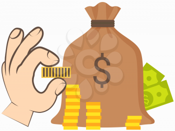 Human hand with coin near bank bag with stack of dollars. Money donation, charity, investment. Profit, income, salary increase. Hand holding gold dollar penny. Person with gold cent between fingers
