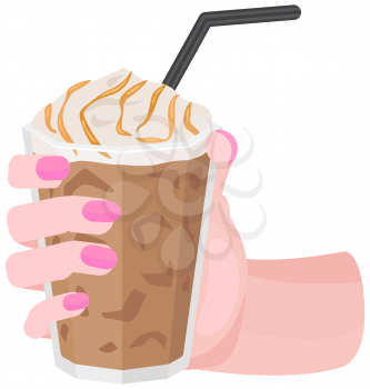 Glass with cold, invigorating drink. Take away coffee, beverage to go vector illustration. Woman s hand holding cup of aromatic coffee with ice and whipped cream. Refreshing drink, take away ice latte