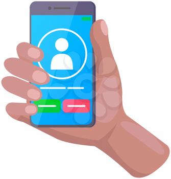 Hand holding smartphone with incoming call and finger touch screen. Receiving phone call using cellular communication. Phone screen with reject and accept buttons. Contacts, ringtone on smartphone